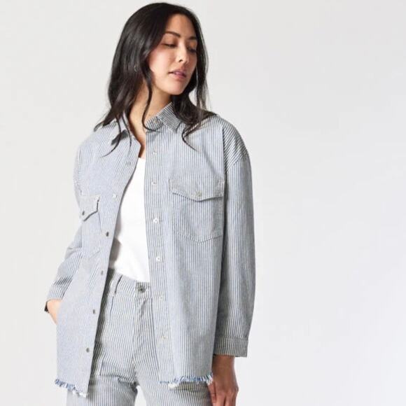 Mavi Livia Oversized Striped Raw Hem Cotton Denim Shacket Shirt - Picture 1 of 12